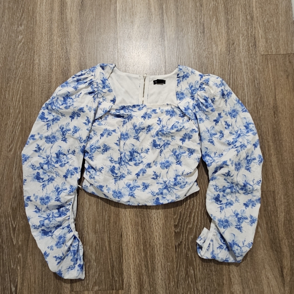 Floral Blue and White Corset Volume Long Sleeve Blouse